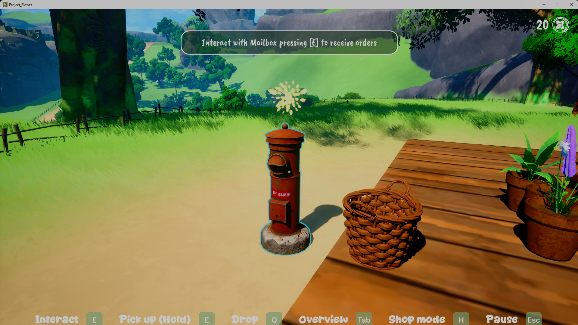 Mailbox interaction prompt, contextual tooltip asking the player to collect their customer order